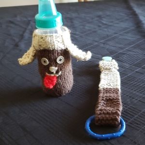 Knit Baby Bottle Cozy and Pacifier/Teether Holder.
